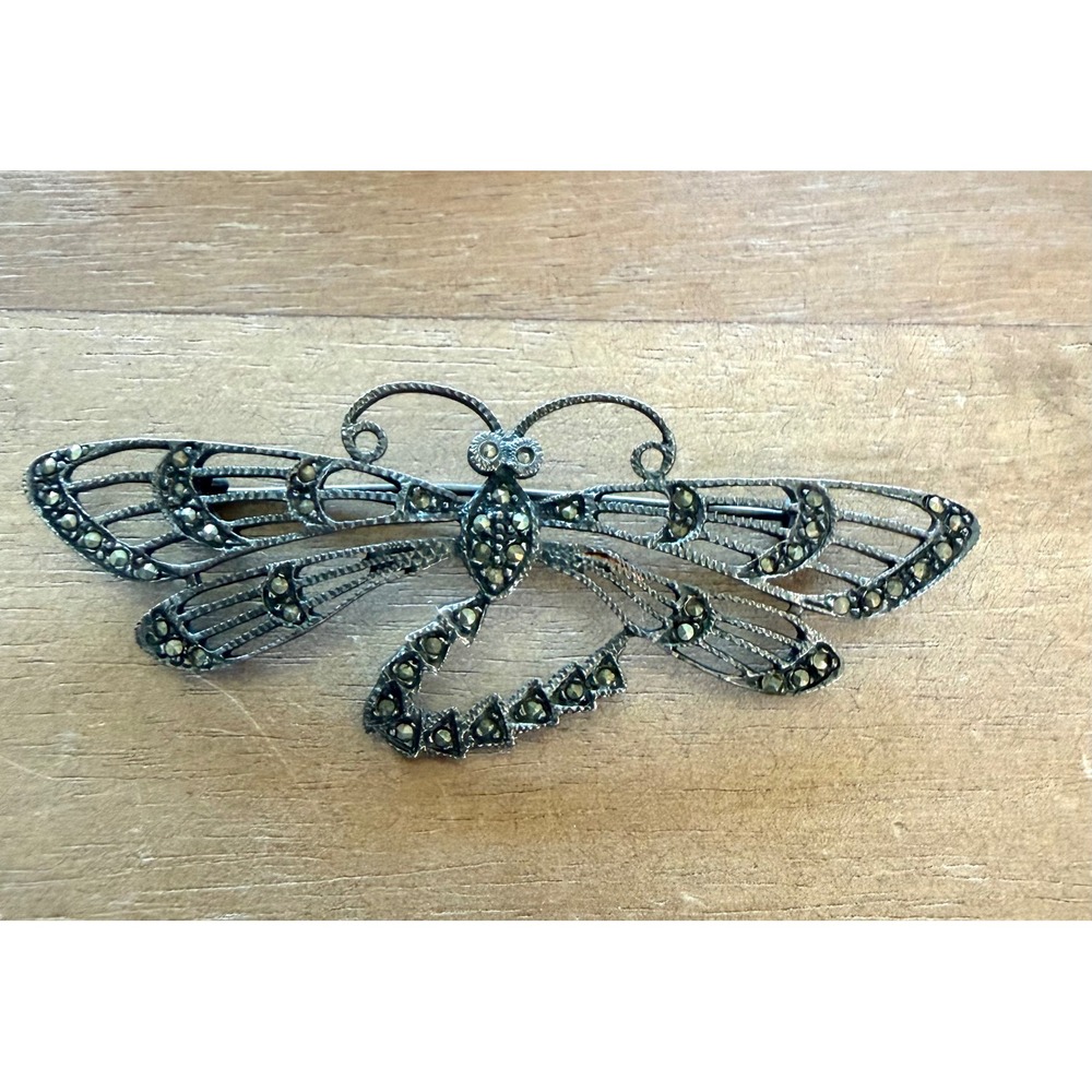 Vintage Sterling Silver & Marcasite Dragonfly Brooch 3"